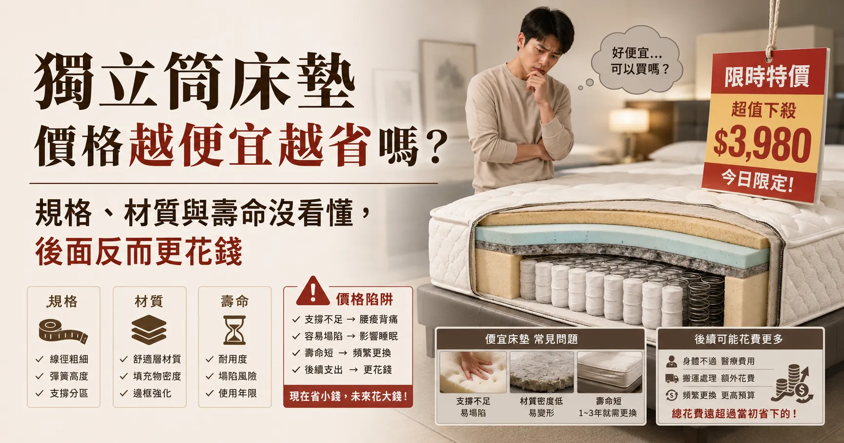 獨立筒床墊價格怎麼看才不當冤大頭?尺寸規格、雙人床墊與壽命陷阱全拆解-1